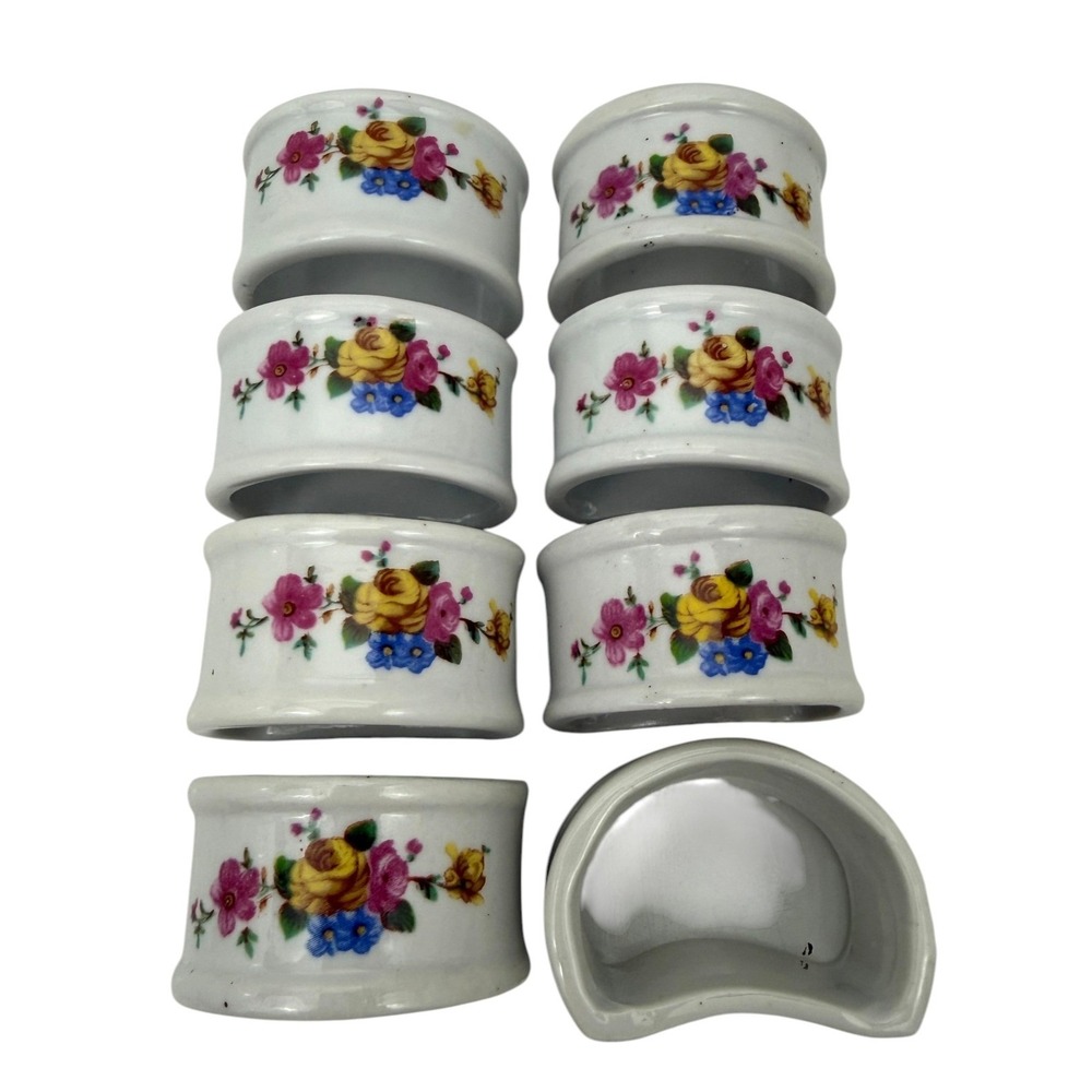 Vintage Floral Ceramic Napkin Rings Set of 8 White Porcelain Rose Garden Decor - Picture 5 of 8